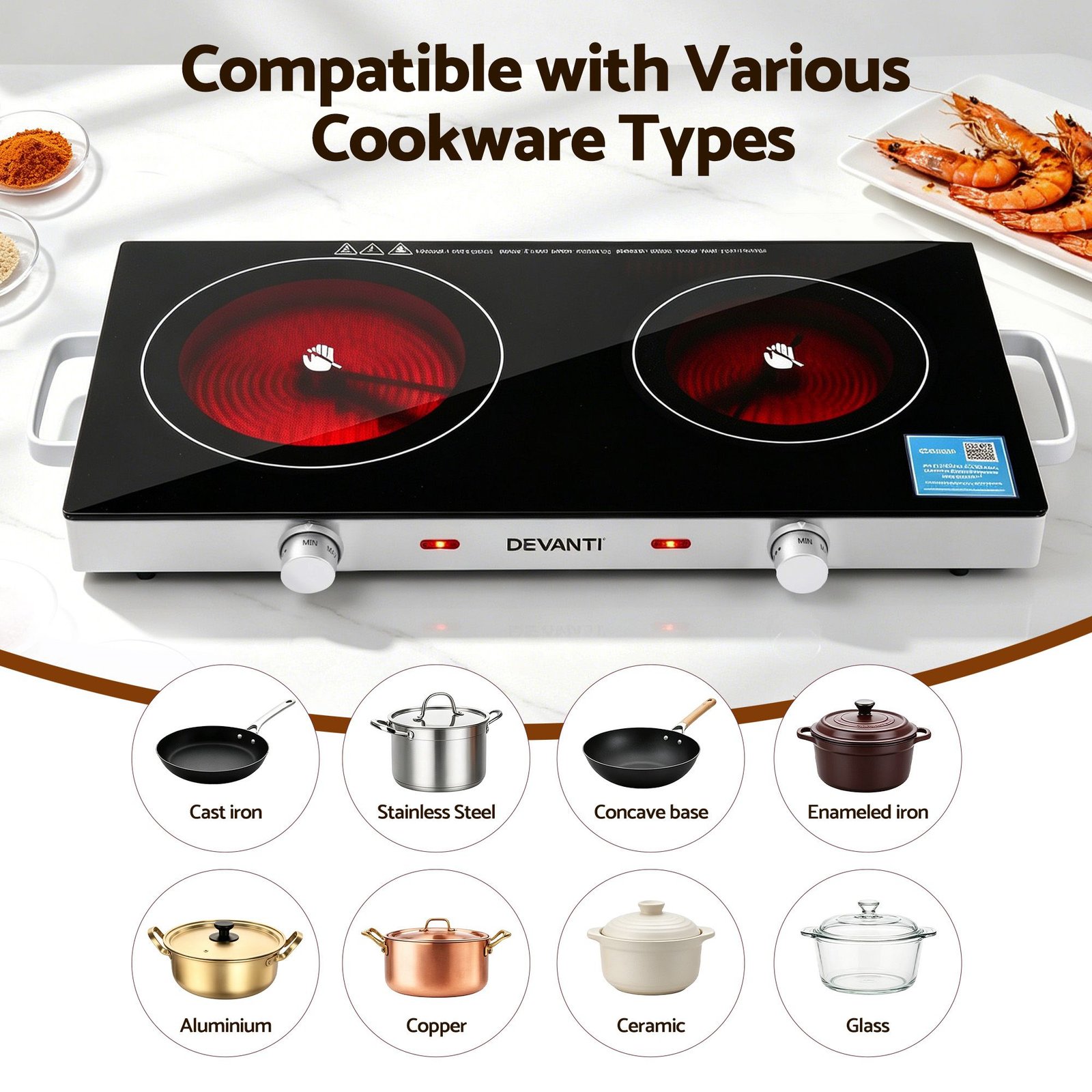 Devanti Portable Ceramic Cooktop Dual Burner Electric Hot Plate 2800W Black - CCT-B-SD-2B-2Z-TOUCH-BK Devanti Portable Ceramic Cooktop Dual Burner Electric Hot Plate 2800W Black - Image 8