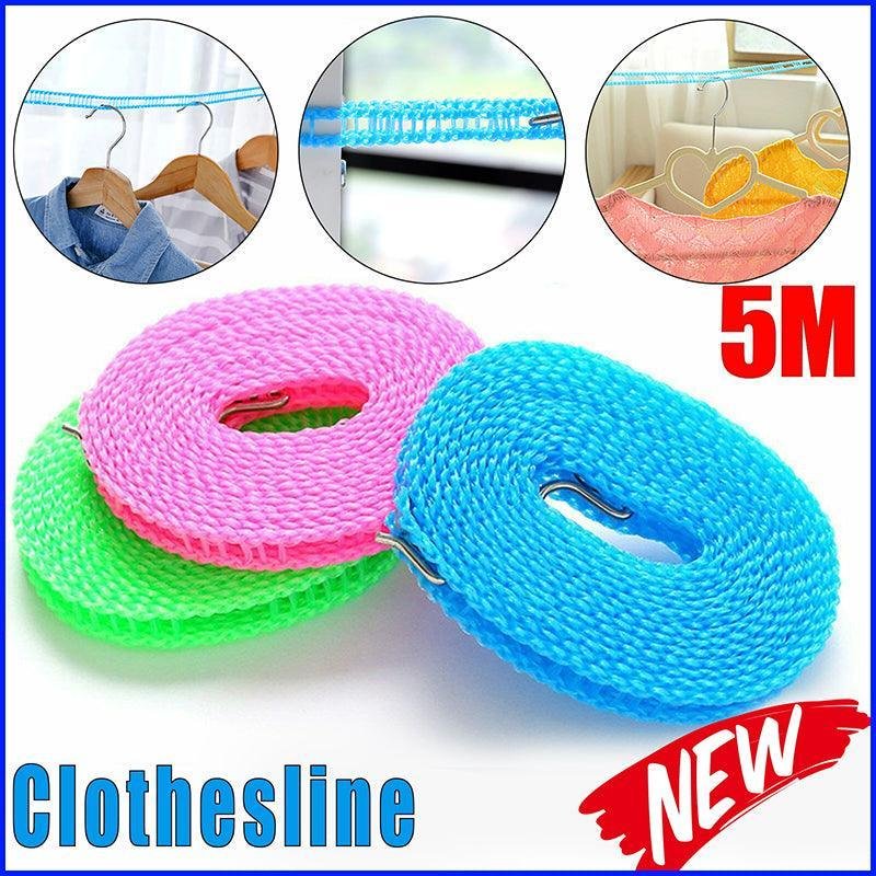 Portable 5M Travel Clothes Line Washing Rope Non Slip Airer Laundry Clothesline - Blue