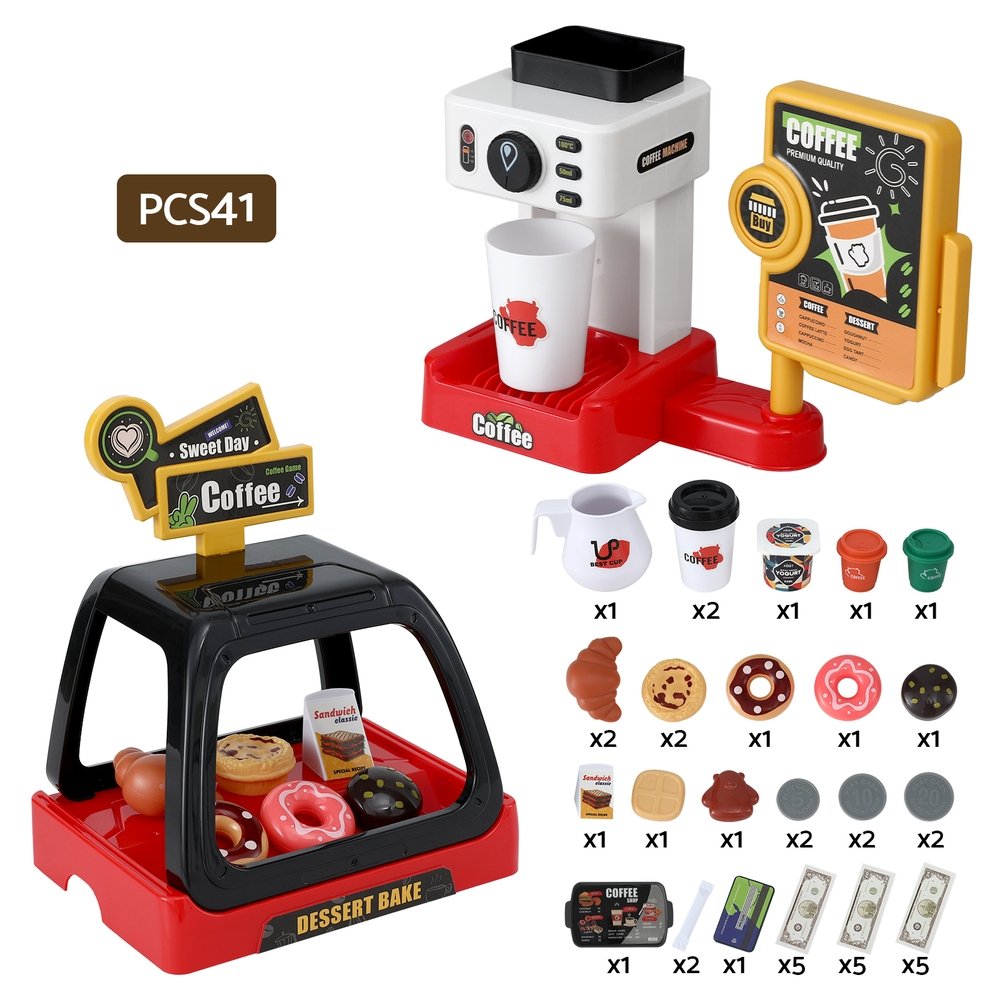 Keezi Kids Pretend Role Play Toy Coffee Shop with Coffee Maker Machine Play Money Food Tea Party Set - PLAY-B-COFFEE-41PCS Keezi Kids Pretend Role Play Toy Coffee Shop with Coffee Maker Machine Play Money Food Tea Party Set - Image 4