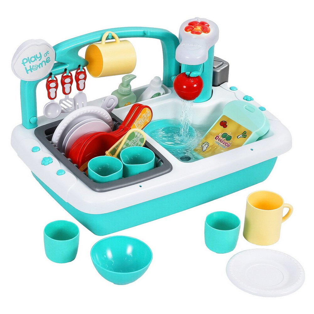 Keezi Kids Kitchen Play Set Play Pretend Sink Dishwasher Toys Green - PLAY-SINK-CFL Keezi Kids Kitchen Play Set Play Pretend Sink Dishwasher Toys Green - Image 2