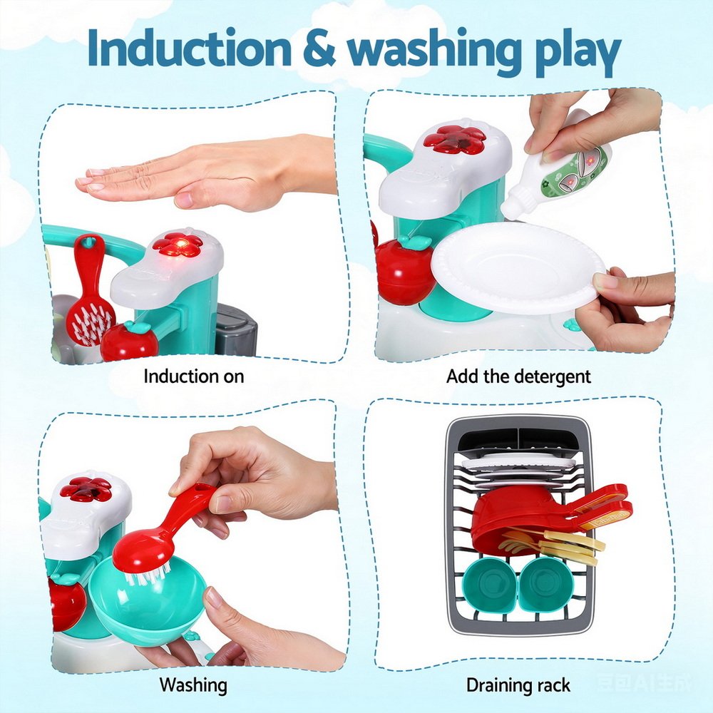 Keezi Kids Kitchen Play Set Play Pretend Sink Dishwasher Toys Green - PLAY-SINK-CFL Keezi Kids Kitchen Play Set Play Pretend Sink Dishwasher Toys Green - Image 6