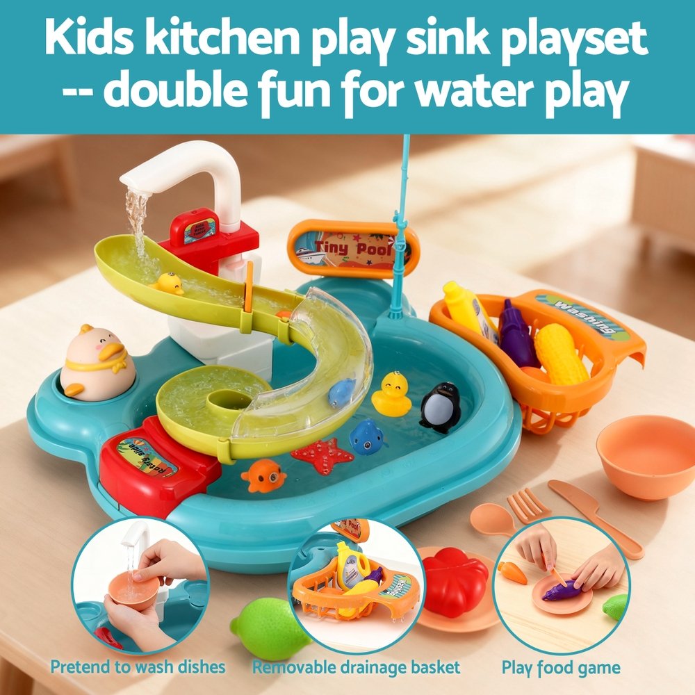 Keezi Kids Pretend Play Kitchen Sink with Faucet Floating Fishing Toys Play food - PLAY-SINK-GN Keezi Kids Pretend Play Kitchen Sink with Faucet Floating Fishing Toys Play food - Image 5