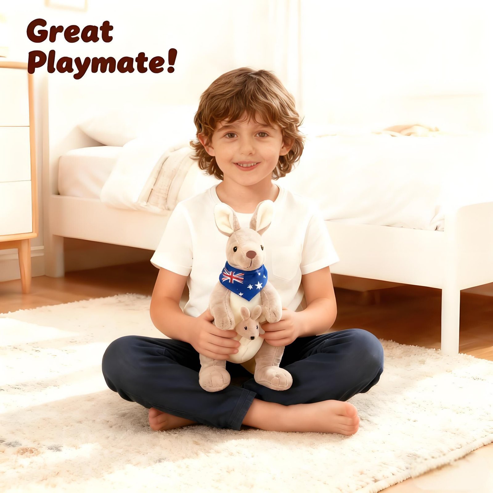 Kangaroo Stuffed Animal with Joey in Pouch & Australia Scarf - Soft Cuddly Plush Toy(55cm, light grey)| Other Colors Available in Store - V1107-CS-DSGZQH-55 Kangaroo Stuffed Animal with Joey in Pouch & Australia Scarf - Soft Cuddly Plush Toy(55cm, light grey)| Other Colors Available in Store - Image 2