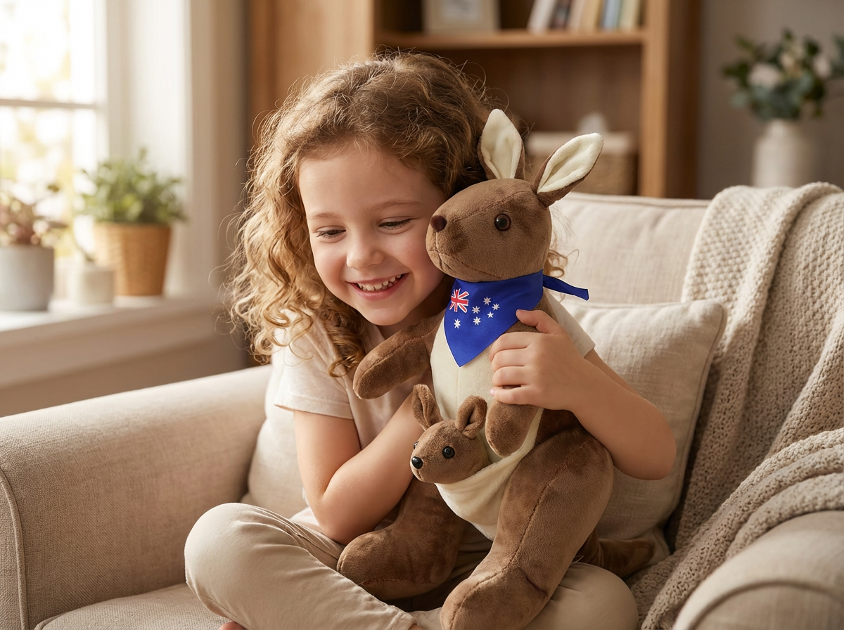 Kangaroo Stuffed Animal with Joey in Pouch & Australia Scarf - Soft Cuddly Plush Toy(45cm, Dark brown )| Other Colors Available in Store - V1107-CS-DSGZSZ-45 Kangaroo Stuffed Animal with Joey in Pouch & Australia Scarf - Soft Cuddly Plush Toy(45cm, Dark brown )| Other Colors Available in Store - Image 3