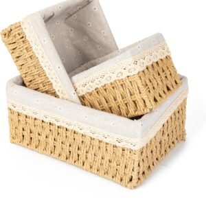 Storage Basket - Basket Set - Wicker Basket - Woven Basket - Cabinet Basket - Bathroom Basket - Storage Box - Drawer Organizer - Living Room - Bedroom - Bathroom Accessories - With Fabric Lining - Floral Print - Country Style - 3 Sizes - Natural - 3 Piece