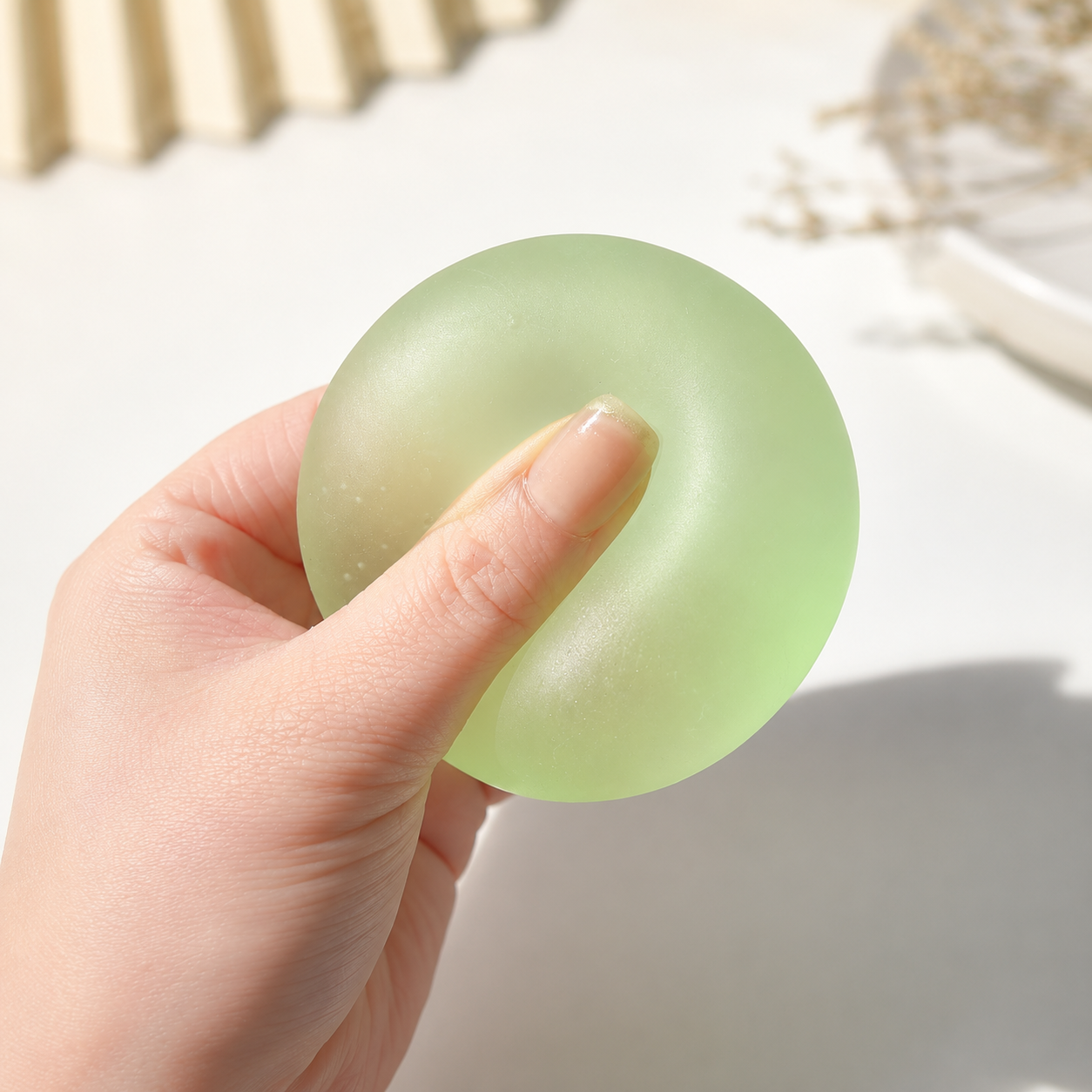 Home - Frosted Green Coconut Oil Stress Ball, Slow Rising Non-Sticky Squishy Squeeze Ball, Soft Sensory Fidget Toy for Stress Relief, Relaxation and Focus