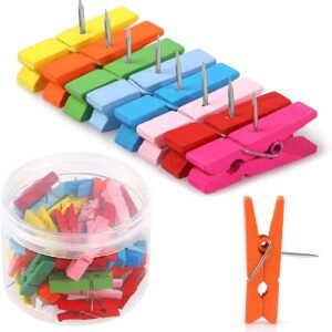50 PCS Colorful Push Pin with Wooden Clips, Durable, Decorative Pushpins Tacks Thumbtacks for Cork Board Artworks Notes Photos, Craft Projects, Offices and Homes (8 Colors) -