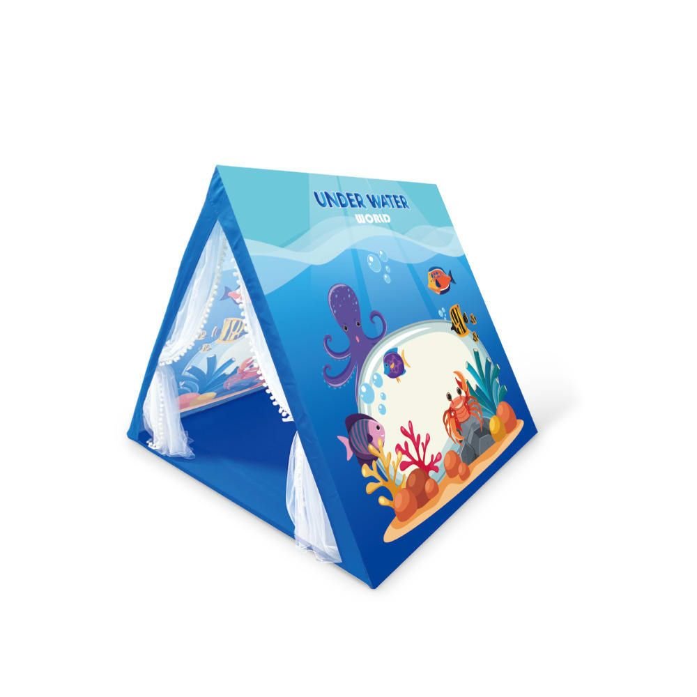 Home - Kids Play Tent for Indoor Outdoor Fun, Waterproof Triangle Teepee with White Mesh Curtains, Spacious 3-in-1 Design for Ages 3+ – Perfect for Playtime, Family Bonding, and Holiday Gifts in Blue Ocean, Pink Mermaid, Light Blue Indian, or Purple Feather Them