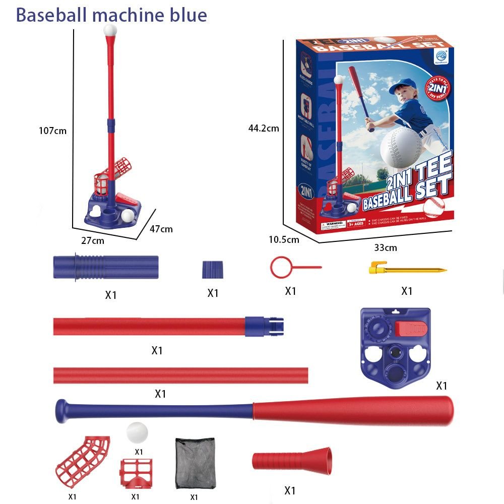 Home - 2-in-1 Kids Baseball Training Toy Set with Automatic Pitching and T-Ball Stand, Indoor and Outdoor Practice for Ages 3+ (2IN1, Red)