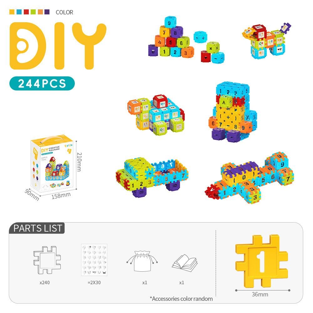 Home - Creative DIY Puzzle Building Blocks Set for Kids Ages 3+ – Colorful Snap-Together Squares for Early Learning, Alphabet & Number Recognition, and Fun 3D Shape Construction at Home (244PCS)
