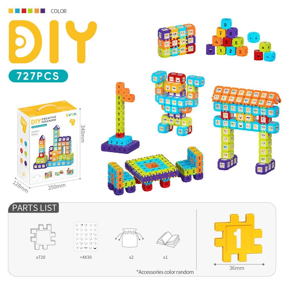 Home - Creative DIY Puzzle Building Blocks Set for Kids Ages 3+ – Colorful Snap-Together Squares for Early Learning, Alphabet & Number Recognition, and Fun 3D Shape Construction at Home (727PCS)