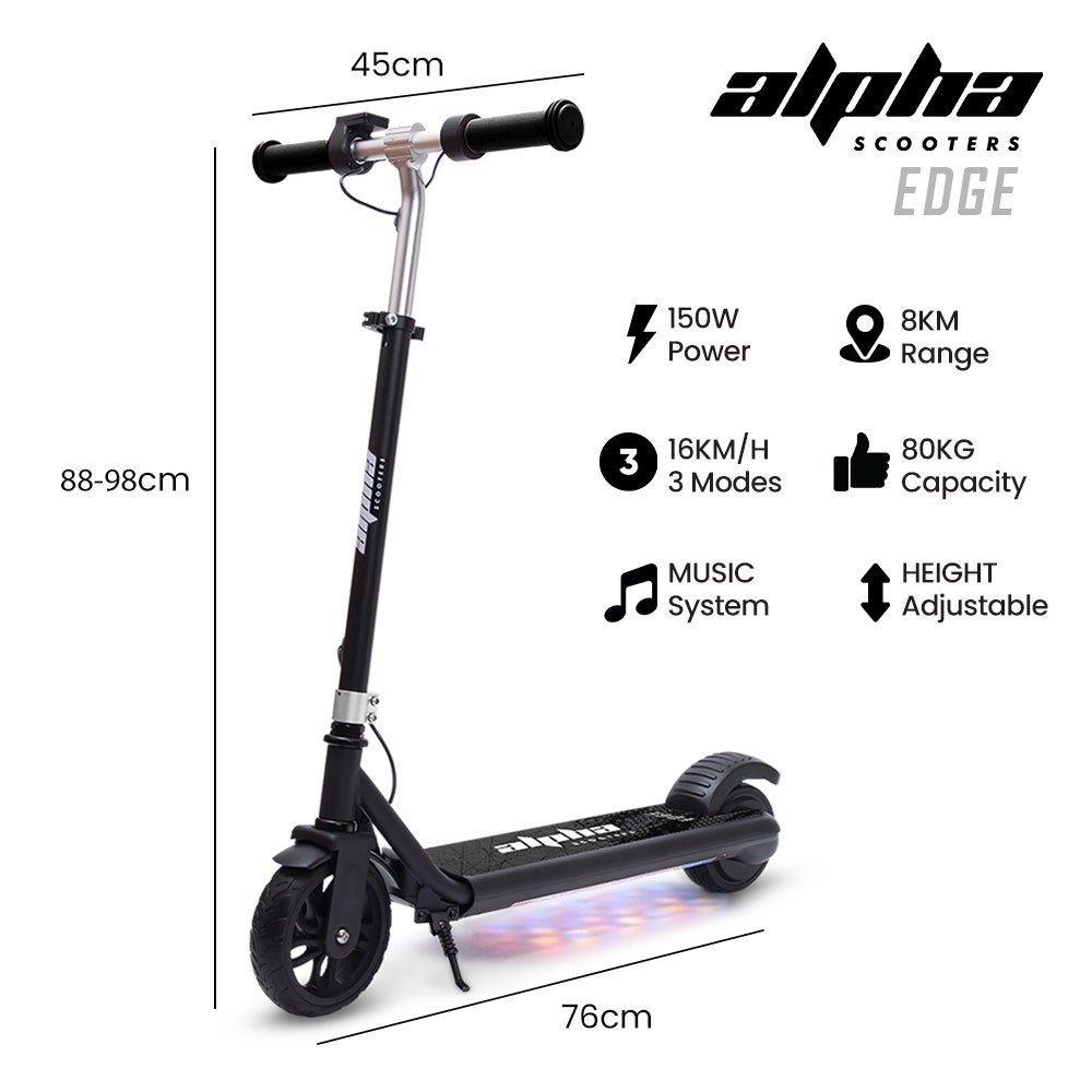 ALPHA Edge Electric Scooter Kids/Teens, 16km/h Max, Adjustable Height, UL Certified, AU Compliant, Dual Brakes, Bluetooth Music, LED, Black - V219-TRNESCAL2BKA ALPHA Edge Electric Scooter Kids/Teens, 16km/h Max, Adjustable Height, UL Certified, AU Compliant, Dual Brakes, Bluetooth Music, LED, Black - Image 2