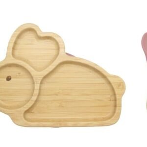 Bamboo Kids Children Baby Plate Bowl & Silicon Suction Cap Base & Spoon - Rabbit