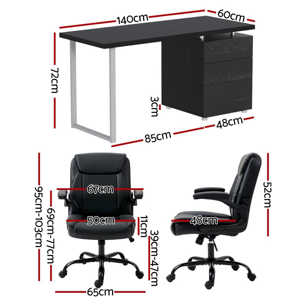 Artiss Computer Desk Executive Office Chairs Sets Black - DESK-140M-CHAIR-7023-BK Artiss Computer Desk Executive Office Chairs Sets Black - Image 2