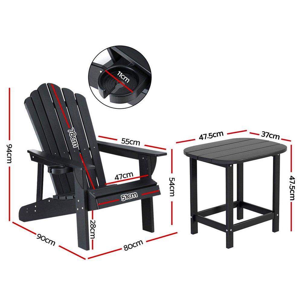 Gardeon Outdoor Table and Chairs HDPE Adirondack Beach Chair Sun Lounge Patio Furniture Garden Black - FF-BEACH-3HE-BK Gardeon Outdoor Table and Chairs HDPE Adirondack Beach Chair Sun Lounge Patio Furniture Garden Black - Image 2