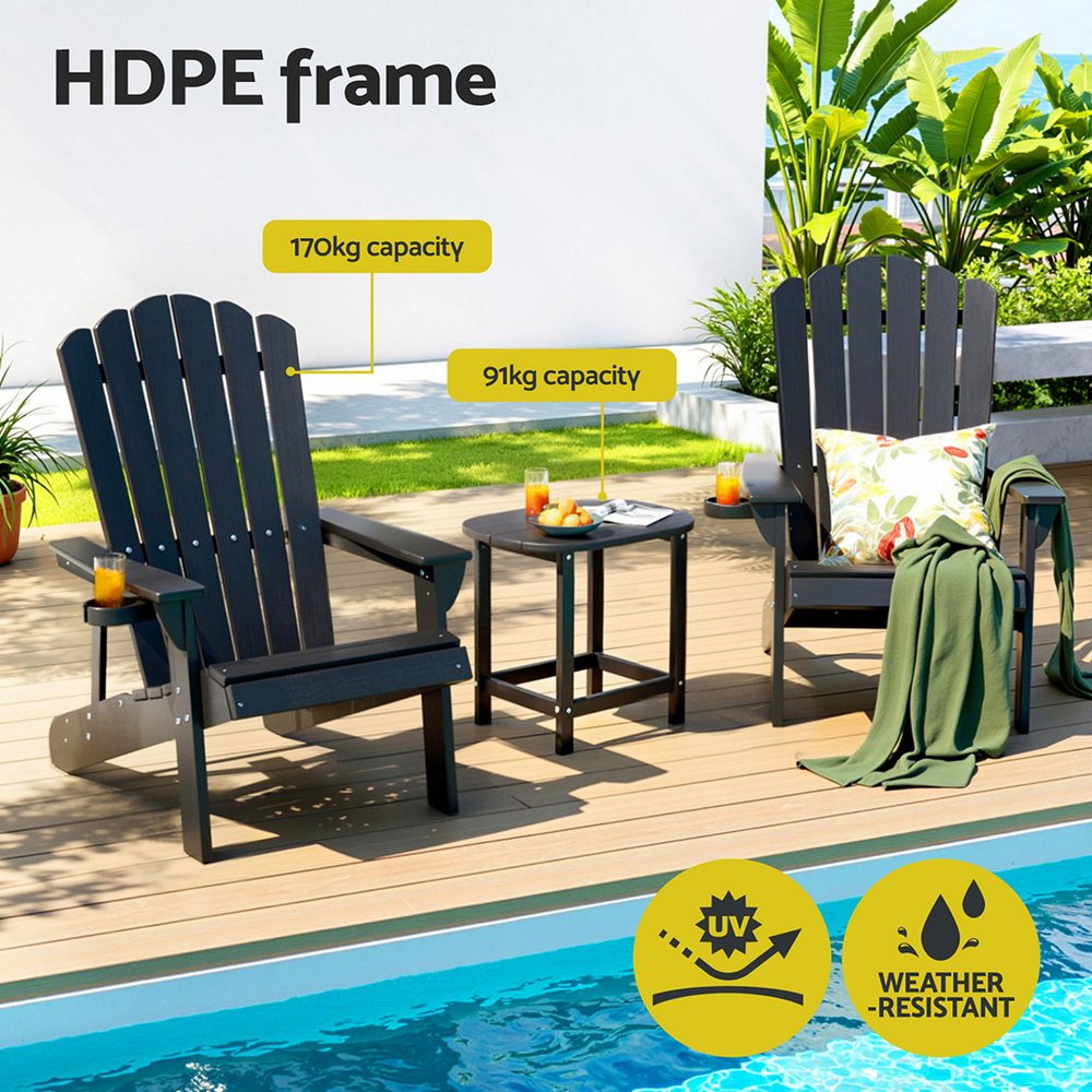 Gardeon Outdoor Table and Chairs HDPE Adirondack Beach Chair Sun Lounge Patio Furniture Garden Black - FF-BEACH-3HE-BK Gardeon Outdoor Table and Chairs HDPE Adirondack Beach Chair Sun Lounge Patio Furniture Garden Black - Image 4