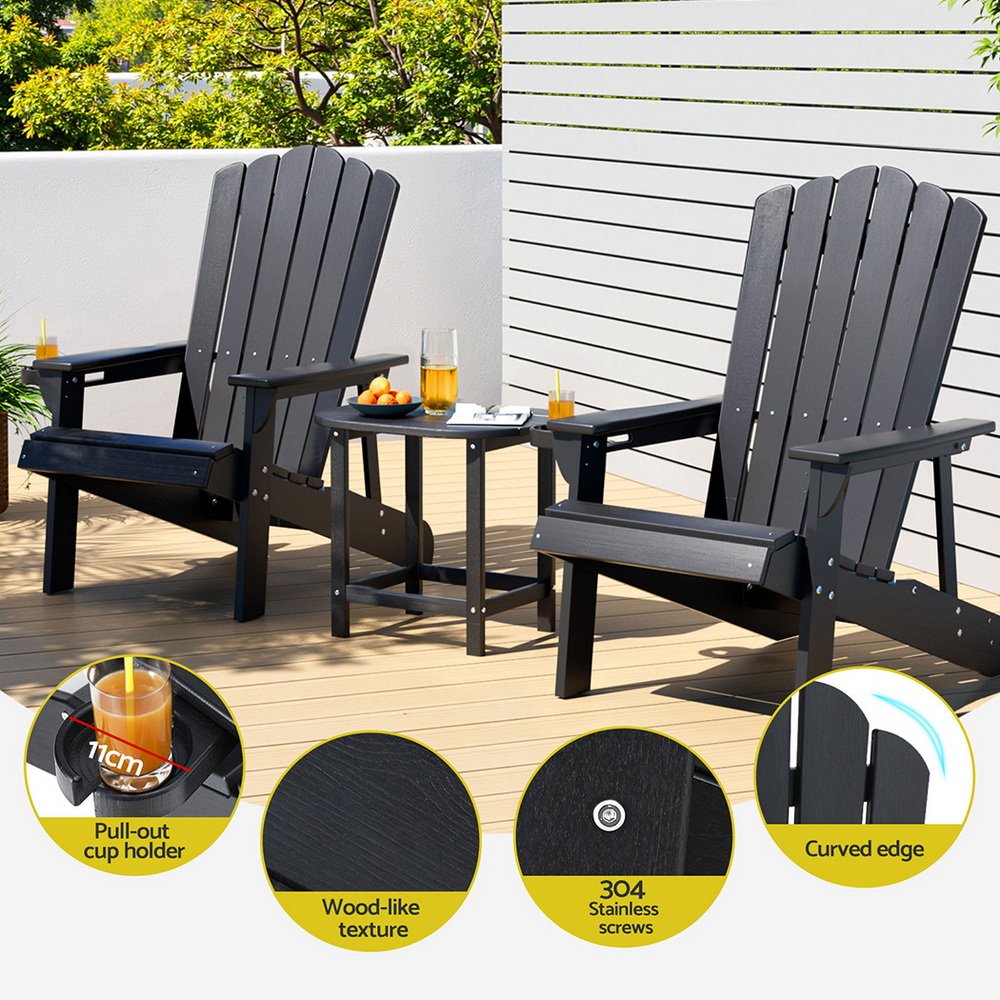 Gardeon Outdoor Table and Chairs HDPE Adirondack Beach Chair Sun Lounge Patio Furniture Garden Black - FF-BEACH-3HE-BK Gardeon Outdoor Table and Chairs HDPE Adirondack Beach Chair Sun Lounge Patio Furniture Garden Black - Image 5
