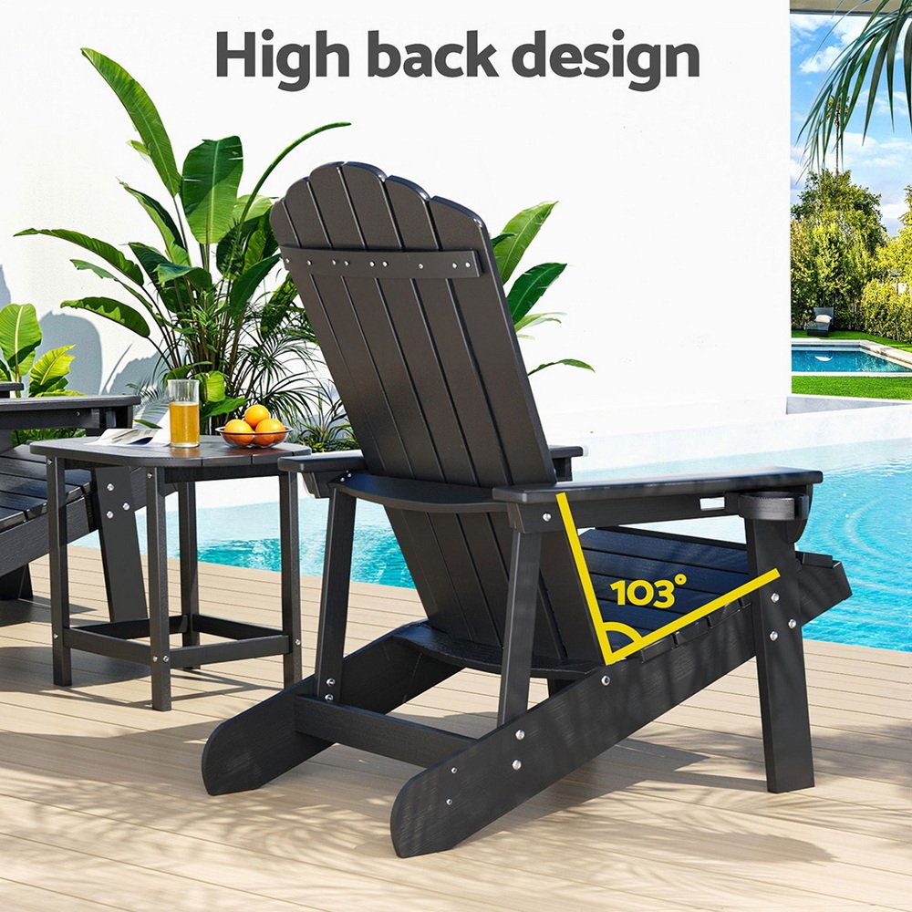 Gardeon Outdoor Table and Chairs HDPE Adirondack Beach Chair Sun Lounge Patio Furniture Garden Black - FF-BEACH-3HE-BK Gardeon Outdoor Table and Chairs HDPE Adirondack Beach Chair Sun Lounge Patio Furniture Garden Black - Image 6