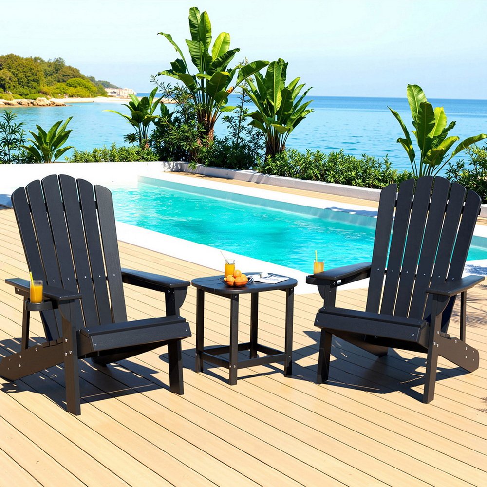 Gardeon Outdoor Table and Chairs HDPE Adirondack Beach Chair Sun Lounge Patio Furniture Garden Black - FF-BEACH-3HE-BK Gardeon Outdoor Table and Chairs HDPE Adirondack Beach Chair Sun Lounge Patio Furniture Garden Black - Image 7
