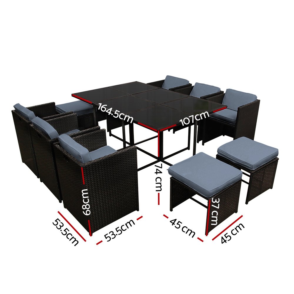 Gardeon Outdoor Dining Set 11 Piece Wicker Table Chairs Setting Black - FF-DINING-11SET-BK Gardeon Outdoor Dining Set 11 Piece Wicker Table Chairs Setting Black - Image 2