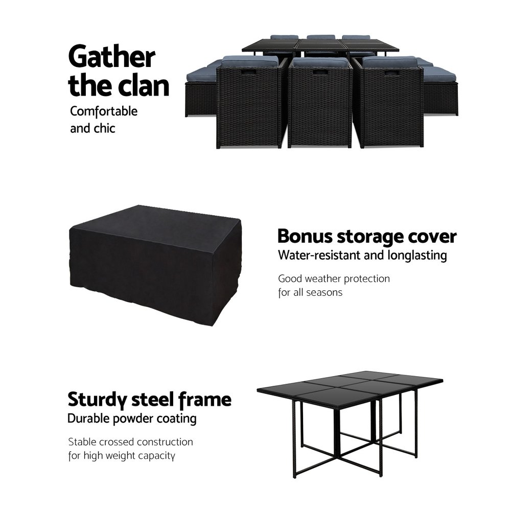 Gardeon Outdoor Dining Set 11 Piece Wicker Table Chairs Setting Black - FF-DINING-11SET-BK Gardeon Outdoor Dining Set 11 Piece Wicker Table Chairs Setting Black - Image 5