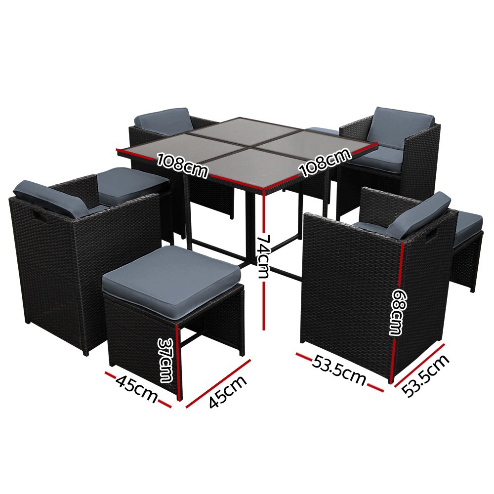 Gardeon Outdoor Dining Set 9 Piece Wicker Table Chairs Setting Black - FF-DINING-9SET-BK Gardeon Outdoor Dining Set 9 Piece Wicker Table Chairs Setting Black - Image 2