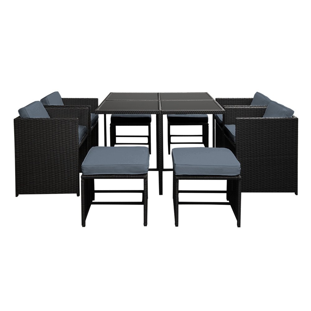 Gardeon Outdoor Dining Set 9 Piece Wicker Table Chairs Setting Black - FF-DINING-9SET-BK Gardeon Outdoor Dining Set 9 Piece Wicker Table Chairs Setting Black - Image 3