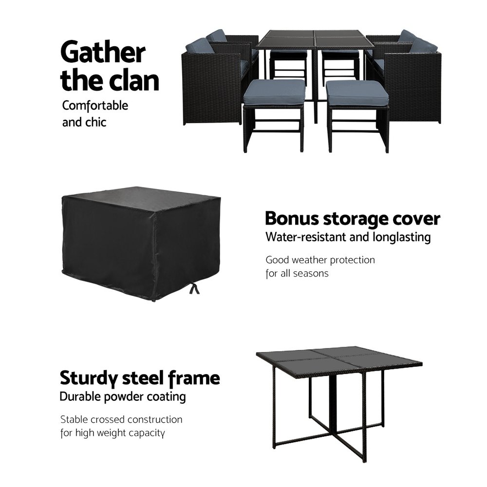 Gardeon Outdoor Dining Set 9 Piece Wicker Table Chairs Setting Black - FF-DINING-9SET-BK Gardeon Outdoor Dining Set 9 Piece Wicker Table Chairs Setting Black - Image 5