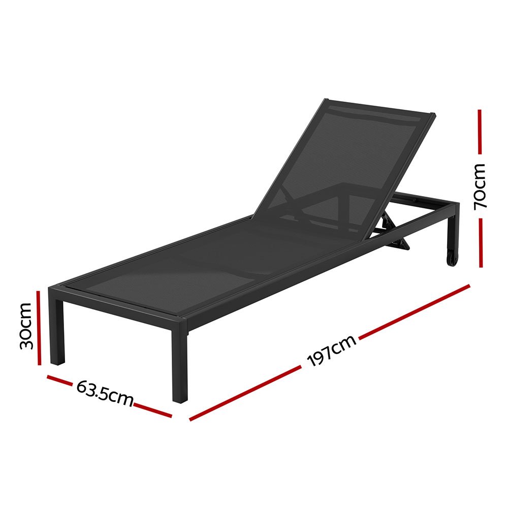 Gardeon Sun Lounge Outdoor Lounger Aluminium Folding Beach Chair Wheels Black - FF-LOUNGE-ALU-WHEEL-BK Gardeon Sun Lounge Outdoor Lounger Aluminium Folding Beach Chair Wheels Black - Image 2