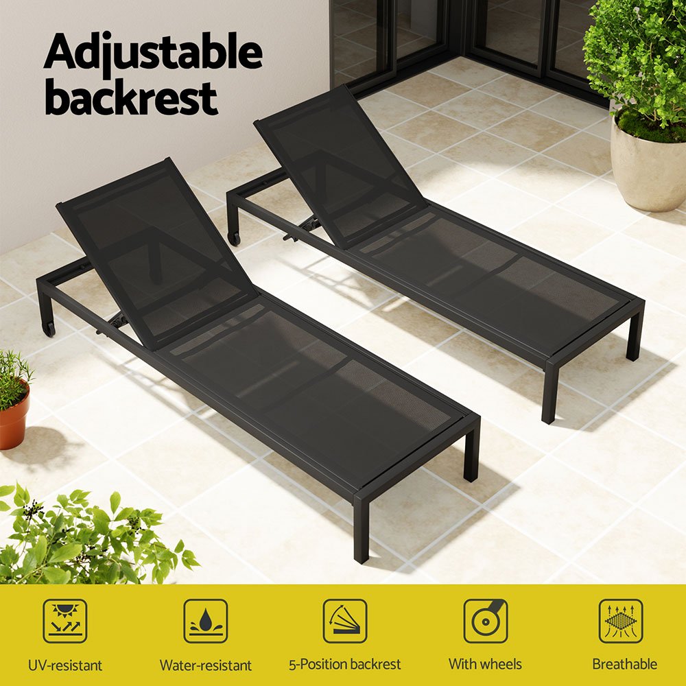 Gardeon Sun Lounge Outdoor Lounger Aluminium Folding Beach Chair Wheels Black - FF-LOUNGE-ALU-WHEEL-BK Gardeon Sun Lounge Outdoor Lounger Aluminium Folding Beach Chair Wheels Black - Image 4