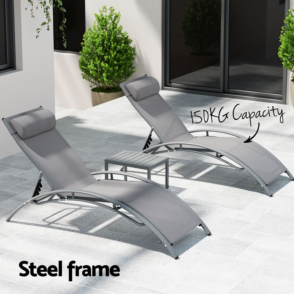 Gardeon 3PC Sun Lounge Outdoor Lounger Steel Table Chairs Patio Furniture Grey - FF-LOUNGE-SL-3PCS-GE Gardeon 3PC Sun Lounge Outdoor Lounger Steel Table Chairs Patio Furniture Grey - Image 5