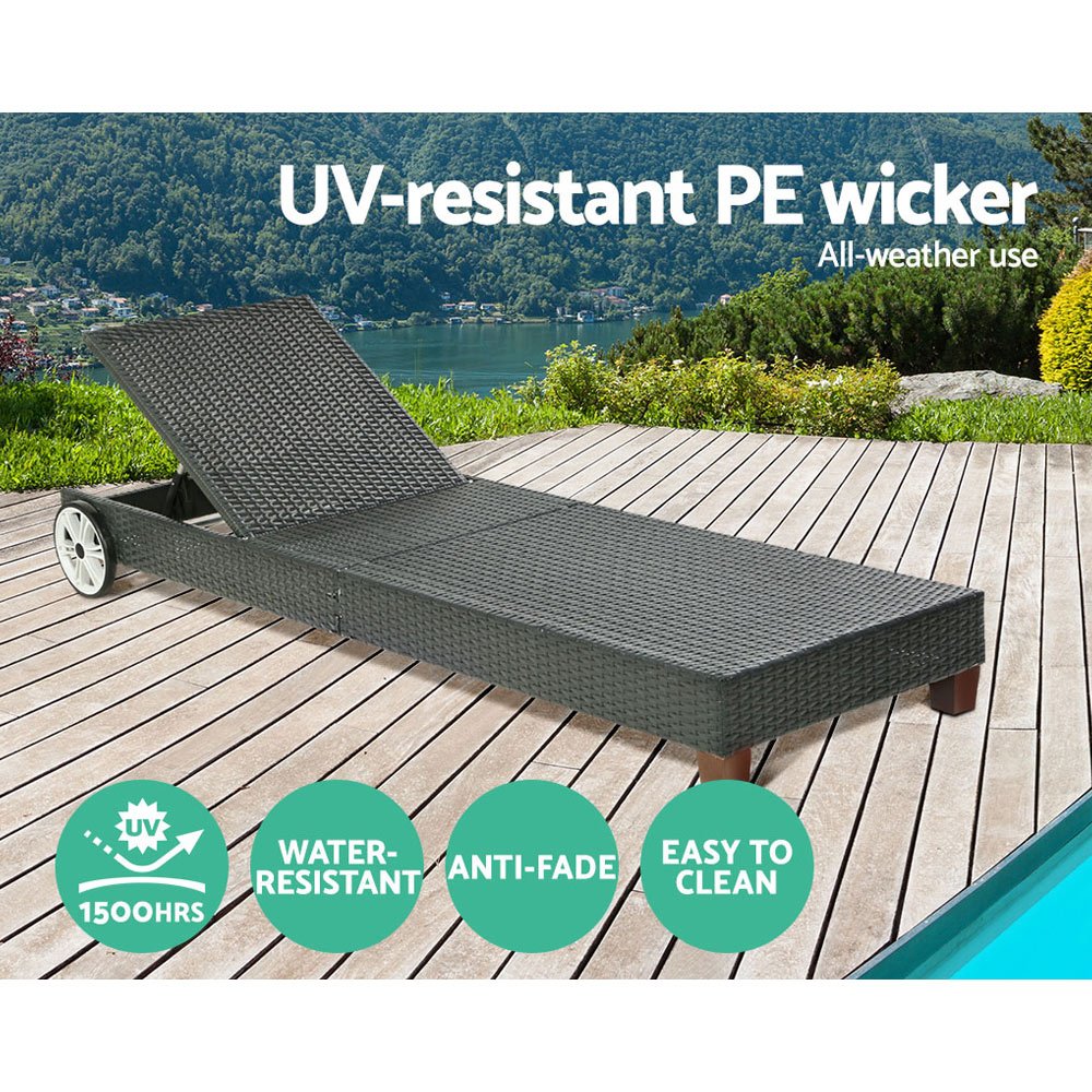 Gardeon Sun Lounge Wicker Lounger Outdoor Furniture Day Bed Wheels Patio Black - FF-LOUNGE-WD-BK Gardeon Sun Lounge Wicker Lounger Outdoor Furniture Day Bed Wheels Patio Black - Image 5