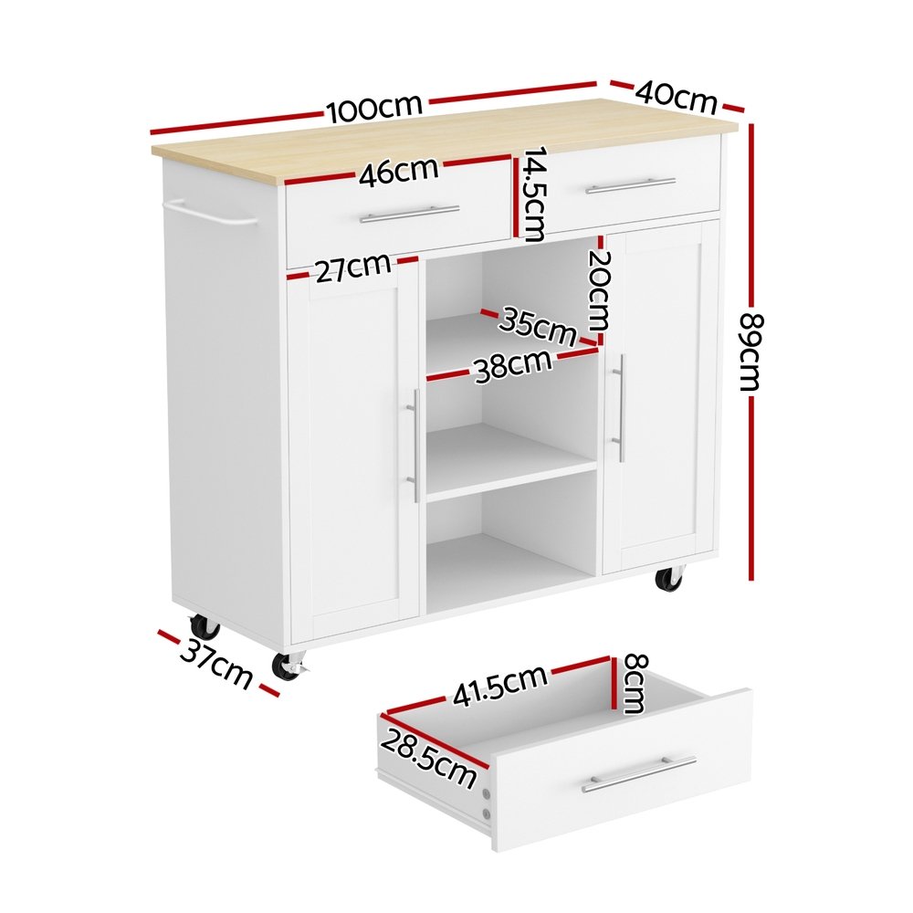 Artiss Kitchen Island Trolley Rolling Serving Cart Storage Drawer Cabinet 100cm White - FUR-S-KI-100-WH-AB Artiss Kitchen Island Trolley Rolling Serving Cart Storage Drawer Cabinet 100cm White - Image 3