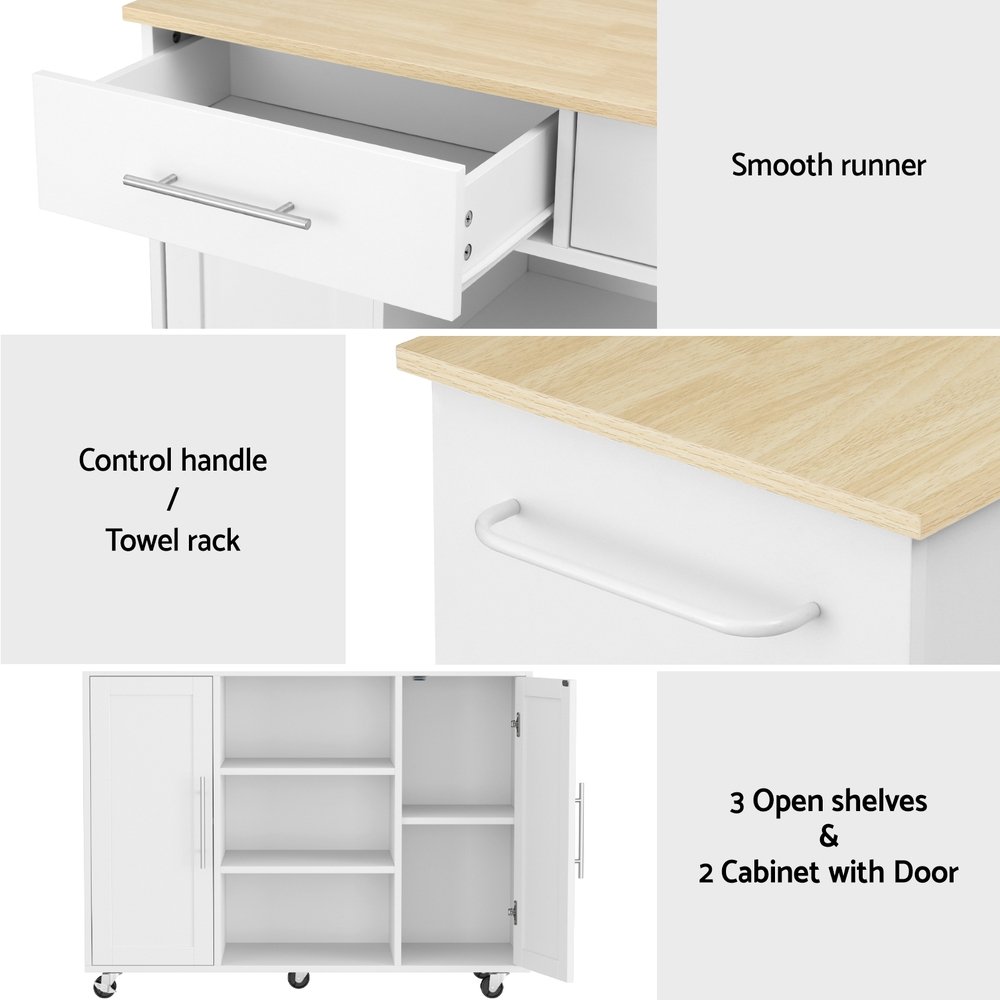 Artiss Kitchen Island Trolley Rolling Serving Cart Storage Drawer Cabinet 100cm White - FUR-S-KI-100-WH-AB Artiss Kitchen Island Trolley Rolling Serving Cart Storage Drawer Cabinet 100cm White - Image 7