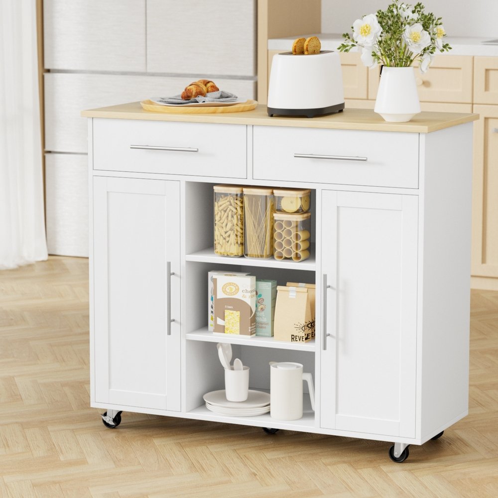 Artiss Kitchen Island Trolley Rolling Serving Cart Storage Drawer Cabinet 100cm White - FUR-S-KI-100-WH-AB Artiss Kitchen Island Trolley Rolling Serving Cart Storage Drawer Cabinet 100cm White - Image 8