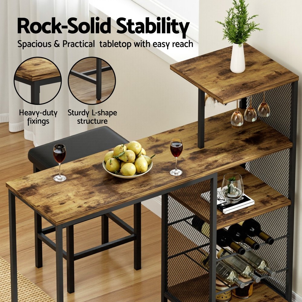 Artiss Industrial Bar Table with Wine Rack Cup Holder Multi-Level Storage 122cm Walnut - FUR-U-BTAB-4786-WAL Artiss Industrial Bar Table with Wine Rack Cup Holder Multi-Level Storage 122cm Walnut - Image 5