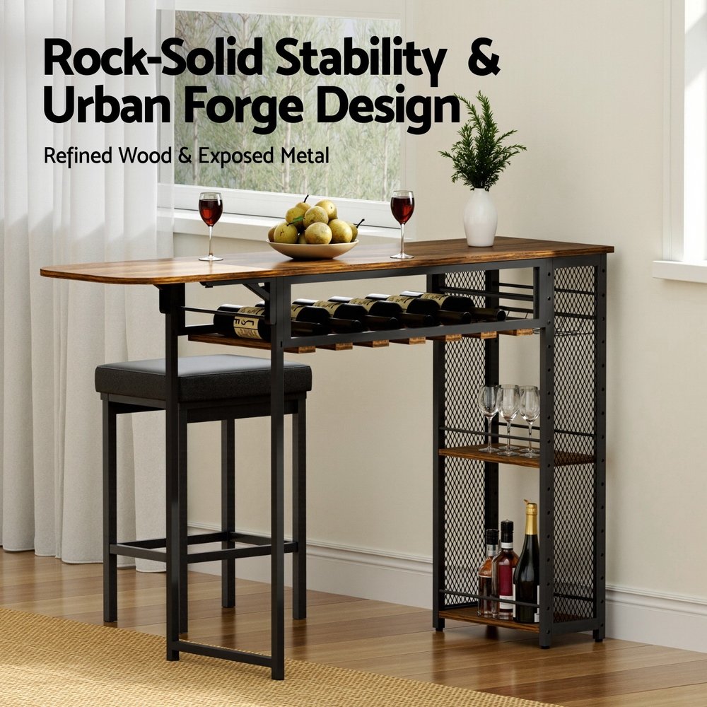 Artiss Industrial Bar Table with Wine Rack Built-in Cup Holder Extendable 140cm - FUR-U-BTAB-4787-WAL Artiss Industrial Bar Table with Wine Rack Built-in Cup Holder Extendable 140cm - Image 5