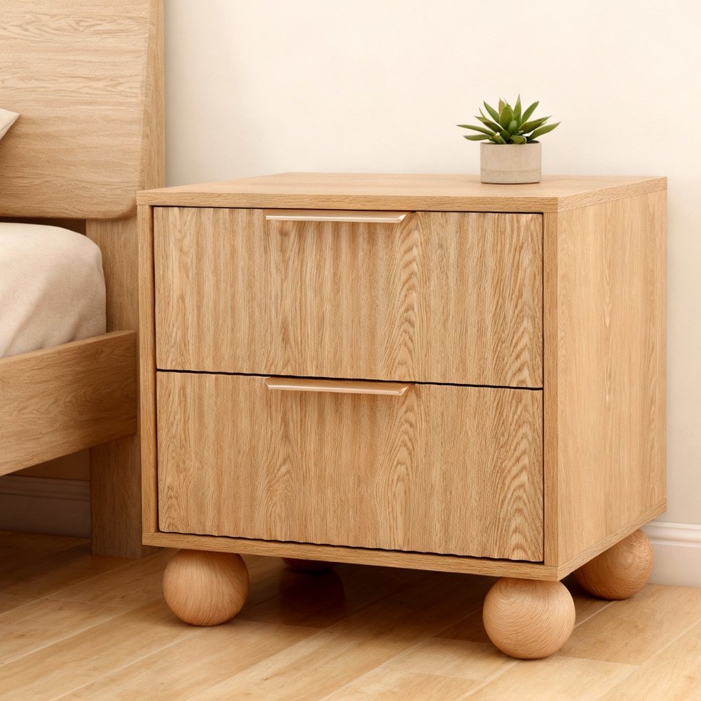 Home - Artiss Rattan Bedside Table with 2 Drawers – Pine Finish