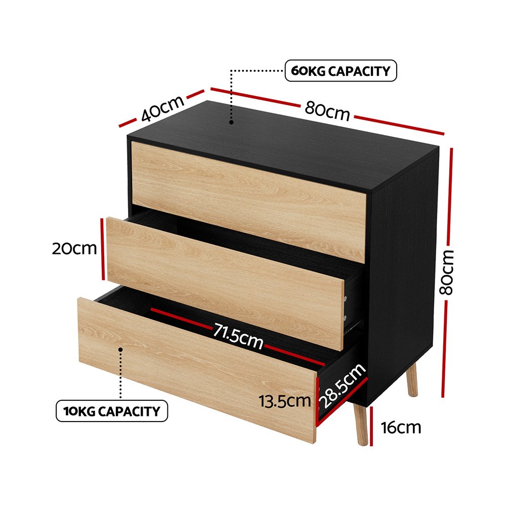 Artiss 3 Chest of Drawers Dresser Table Black&Pine - FUR-Z-CDR-02-WDBK-AB Artiss 3 Chest of Drawers Dresser Table Black&Pine - Image 3