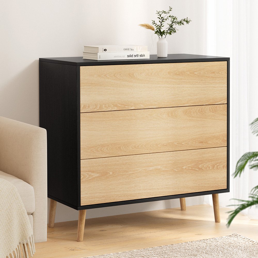 Artiss 3 Chest of Drawers Dresser Table Black&Pine - FUR-Z-CDR-02-WDBK-AB Artiss 3 Chest of Drawers Dresser Table Black&Pine - Image 8