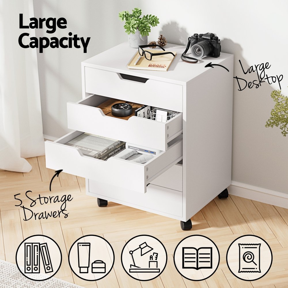 Artiss 5-Drawer Filing Cabinet Mobile Rolling Storage Cabinet Chest of Drawers Stand White - FURNI-B-CAB-5T-WH Artiss 5-Drawer Filing Cabinet Mobile Rolling Storage Cabinet Chest of Drawers Stand White - Image 5