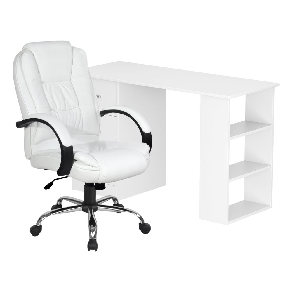 Artiss Computer Desk 120cm Executive Office Chair Set PU Leather High Back White