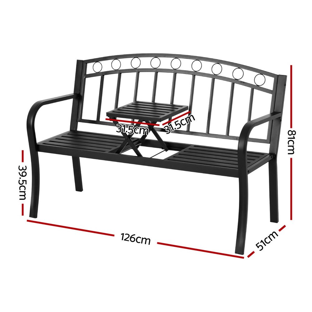 Gardeon Outdoor Garden Bench Seat Loveseat Steel Foldable Table Patio Furniture Black - GB-STEEL-TABLE-C-BK Gardeon Outdoor Garden Bench Seat Loveseat Steel Foldable Table Patio Furniture Black - Image 2