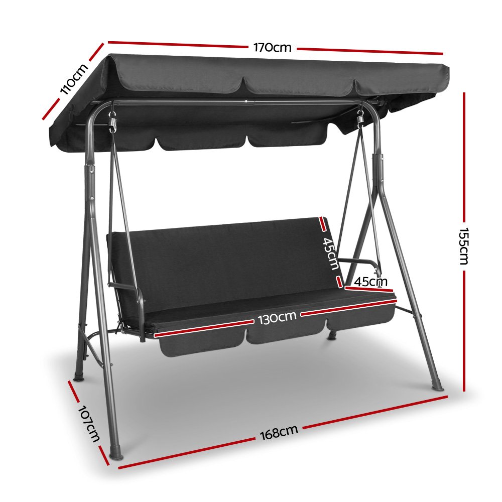 Gardeon Outdoor Swing Chair Garden Chair Bench Furniture Canopy 3 Seater Black - GSC-MAJKA-3S-BK Gardeon Outdoor Swing Chair Garden Chair Bench Furniture Canopy 3 Seater Black - Image 2