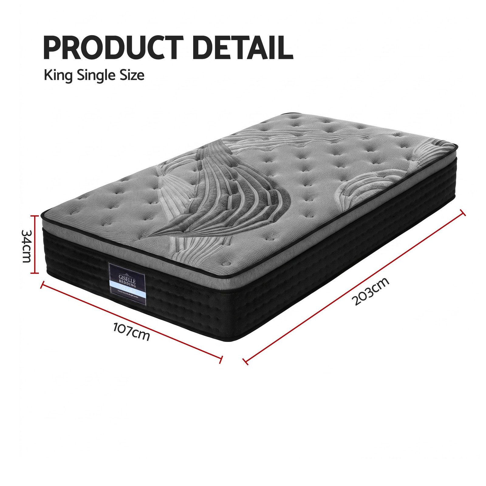 Giselle Bedding 34cm Mattress Bamboo Cover King Single - MATTRESS-BLACK-KS Giselle Bedding 34cm Mattress Bamboo Cover King Single - Image 10