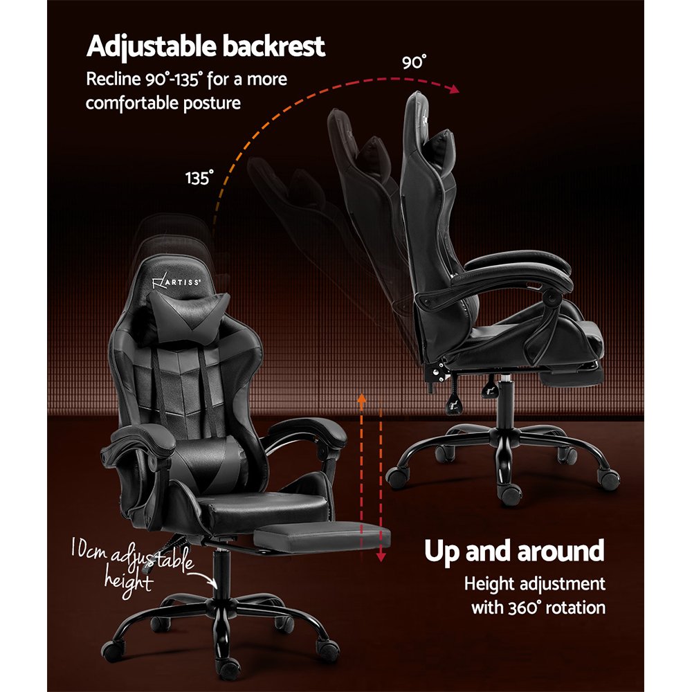 Artiss Gaming Office Chair Executive Computer Leather Chairs Footrest Grey - OCHAIR-G-R4775-FT-BK-GY Artiss Gaming Office Chair Executive Computer Leather Chairs Footrest Grey - Image 5