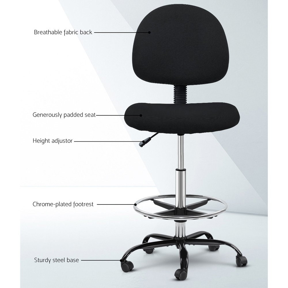 Artiss Office Chair Drafting Stool Fabric Chairs Black - OCHAIR-G-RING-07B-BK Artiss Office Chair Drafting Stool Fabric Chairs Black - Image 4