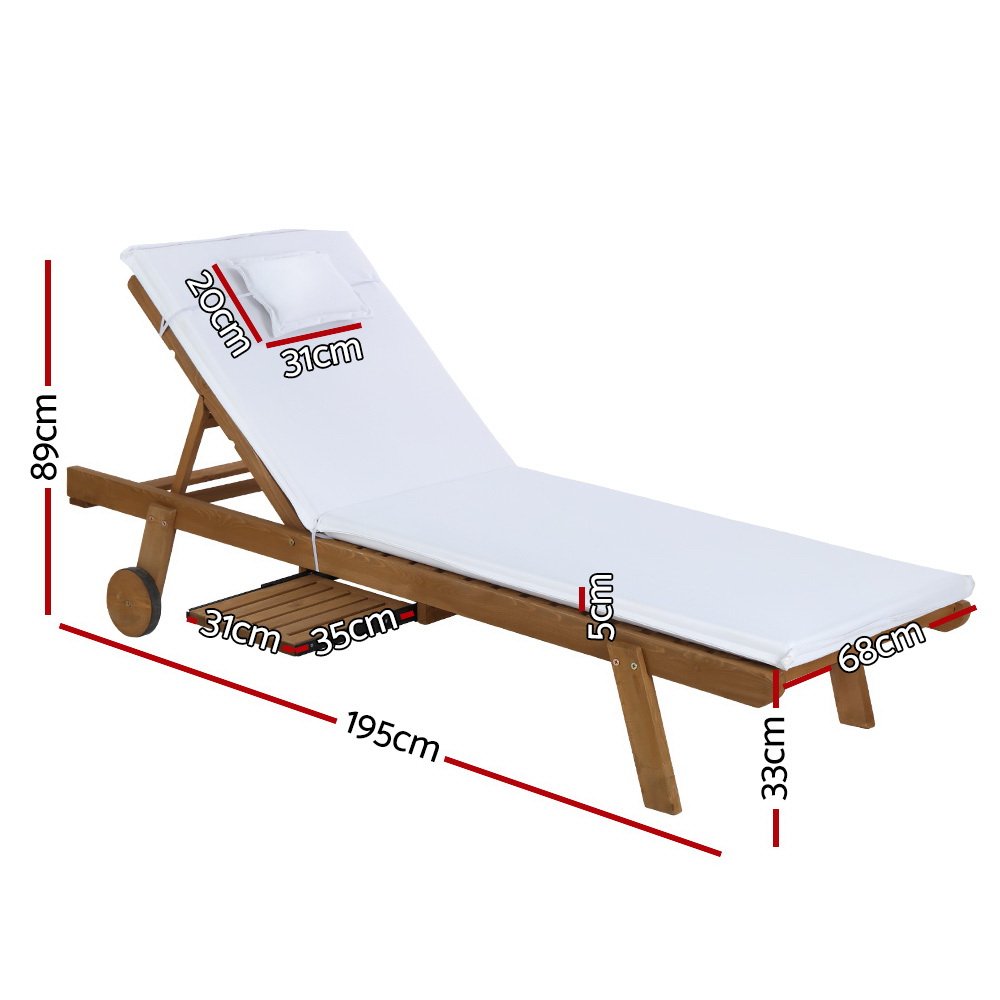 Gardeon 2x Sun Lounge Wooden Lounger Outdoor Furniture Day Bed Wheel Patio White - ODF-B-LOUNGE-WHEEL-WHX2 Gardeon 2x Sun Lounge Wooden Lounger Outdoor Furniture Day Bed Wheel Patio White - Image 2