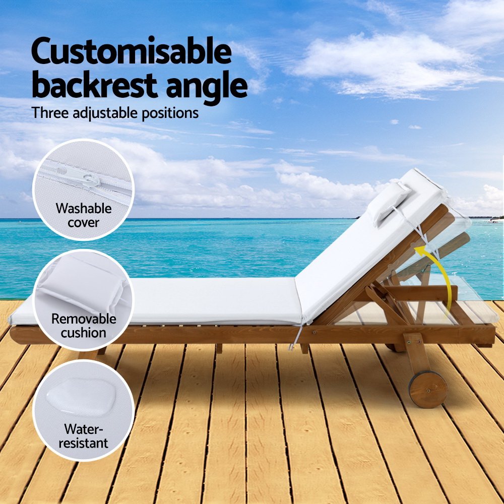 Gardeon 2x Sun Lounge Wooden Lounger Outdoor Furniture Day Bed Wheel Patio White - ODF-B-LOUNGE-WHEEL-WHX2 Gardeon 2x Sun Lounge Wooden Lounger Outdoor Furniture Day Bed Wheel Patio White - Image 5