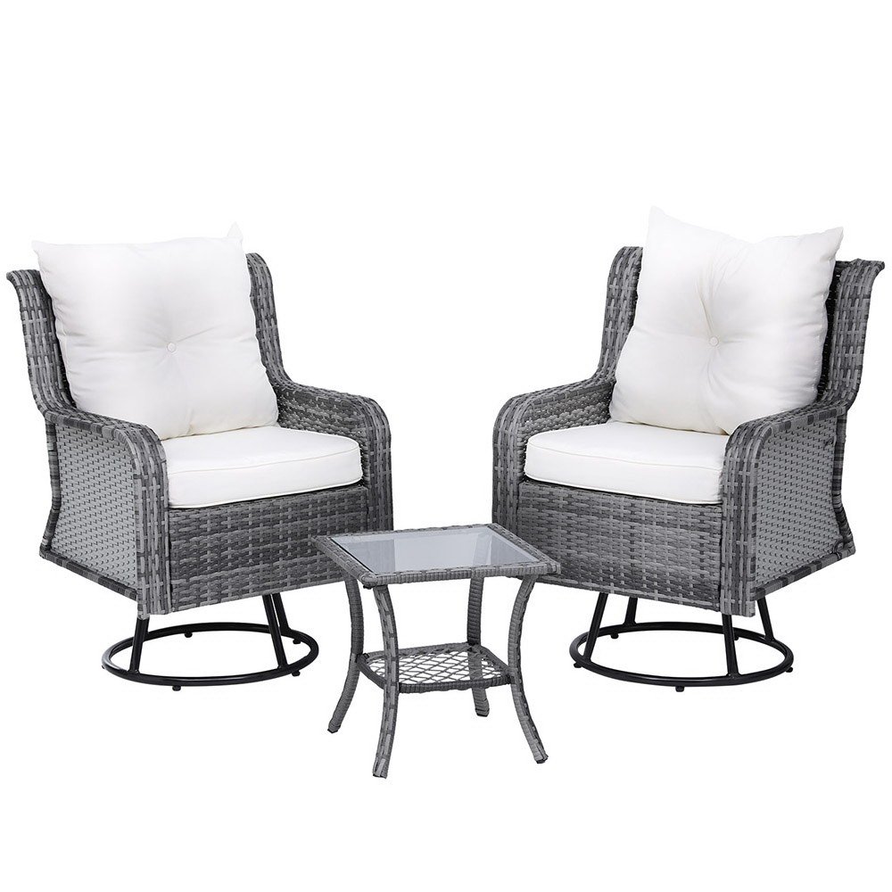 Gardeon 3PC Outdoor Furniture Bistro Set Lounge Wicker Swivel Chairs Table Cushion Grey - ODF-B-RAN-ROAT-3PCS-GE-AB Gardeon 3PC Outdoor Furniture Bistro Set Lounge Wicker Swivel Chairs Table Cushion Grey - Image 7